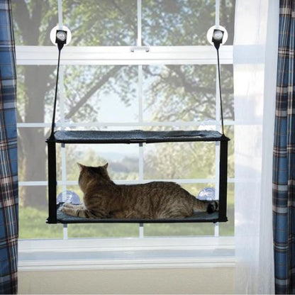 hamac chat fenetre double avec un chat coucher au premier niveau en regardant dehors