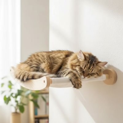 hamac chat accrocher au mure avec un beau chat à poils long qui dort paisiblement dessus