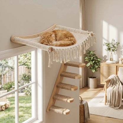 Hamac mural pour chat avec échelle – bois beige