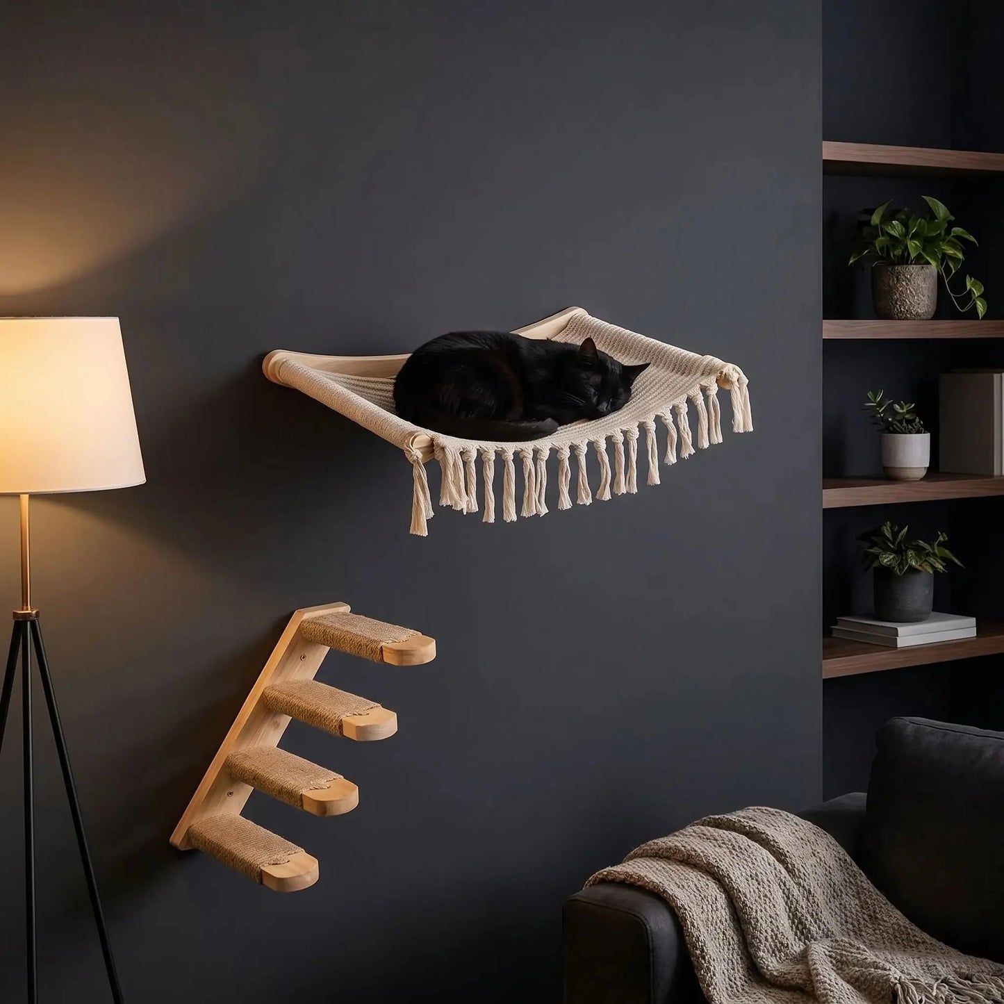 Hamac mural pour chat avec échelle – bois beige