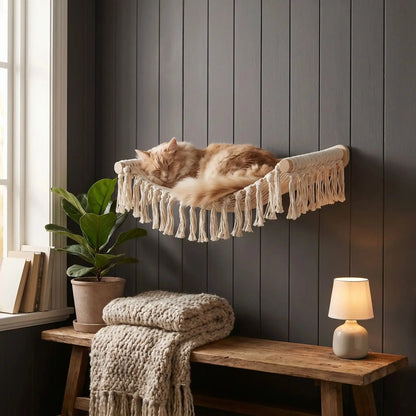 Hamac mural pour chat avec échelle – bois beige