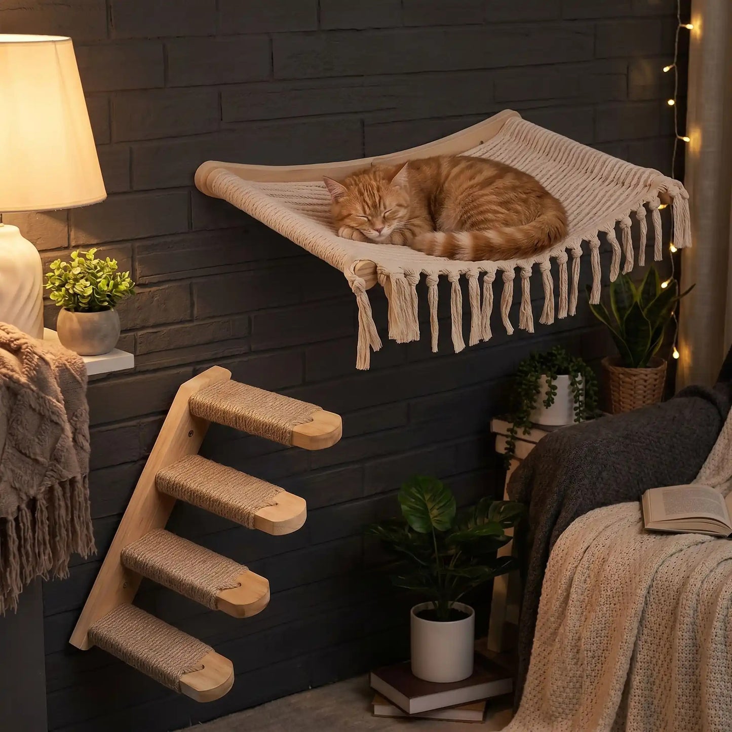 hamac mural pour chat dans un salon scandinave