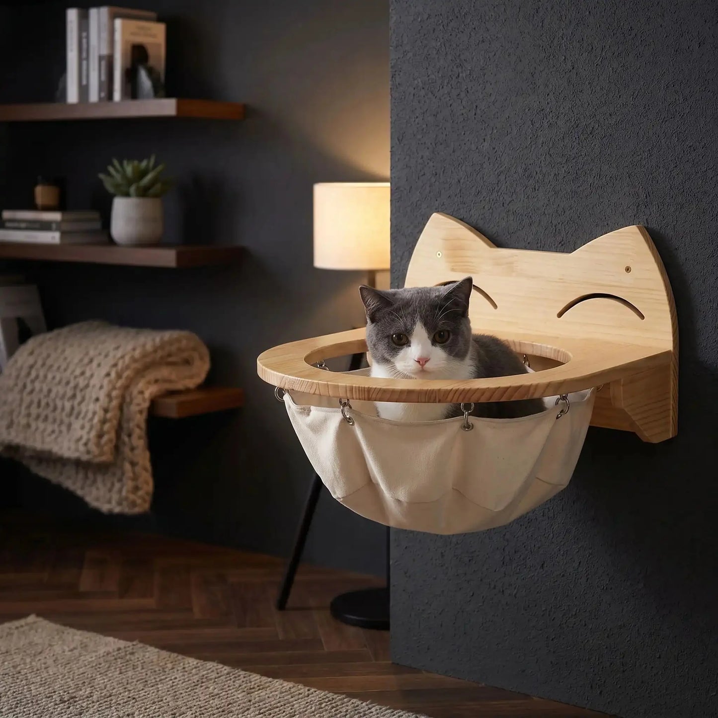 Hamac Mural pour Chat Beige – Perchoir en Bois