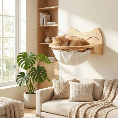 Hamac Mural pour Chat Beige – Perchoir en Bois