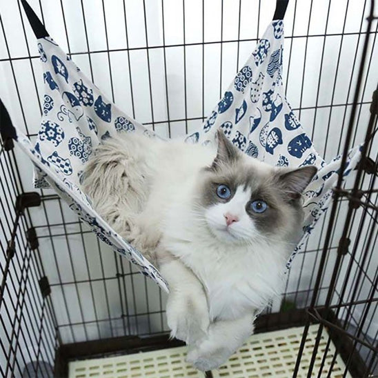 hamac pour chat installer dans une cage de couleur blanc avec des motifs bleu et un chat coucher dessus