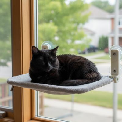 hamac pour chat fenetre de couleur gris avec un beau chat noir coucher dessus pouvant voir dehors