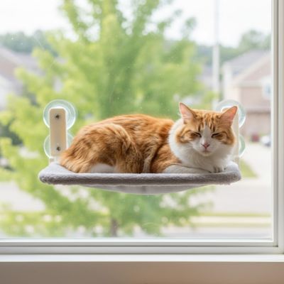 hamac pour chat fenetre de couleur gris avec un chat roux qui dort paisiblement