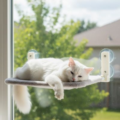 hamac pour chat fenetre de couleur gris avec un chat blanc coucher dessus confortablement