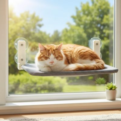 hamac pour chat fenetre de couleur gris avec un chat roux coucher dessus confortablement au soleil