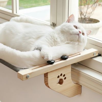 hamac pour chat fenetre avec un chat blanc coucher dessus en regardant dehors