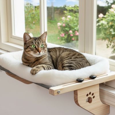 hamac pour chat fenetre fait de bois massif avec un coussin blanc et un chat coucher dessus confortablement