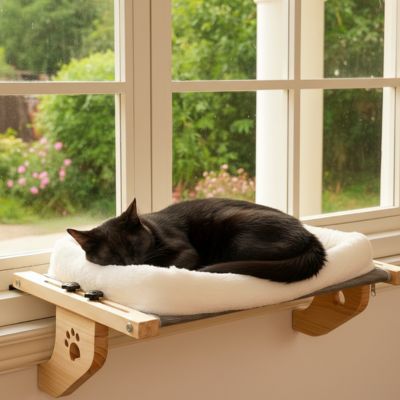 hamac pour chat fenetre fait de bois et avec un coussin blanc et un beau chat noir coucher dessus qui dort paisiblement