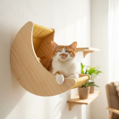 hamac pour chat en forme de demi lune fait de bois massif avec un beau chat roux et blanc qui dort paisiblement