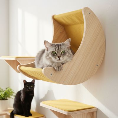 hamac pour chat en forme de demi lune en bois massif avec un chat qui est bien installer dedans 