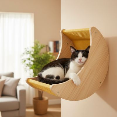 hamac pour chat accrocher au mure en forme de demi lune fait en bois avec un chat qui dort dedans