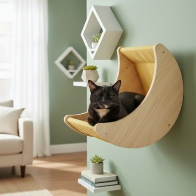 hamac pour chat accrocher sur un mure vert avec un chat qui est coucher dedans et fait de bois