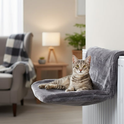 hamac pour chat de couleur gris accrocher à un radiateur avec un chat bien installer pour la sieste