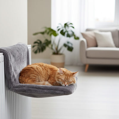 hamac pour chat accrocher a un radiateur de couleur gris avec un chat roux coucher dessus