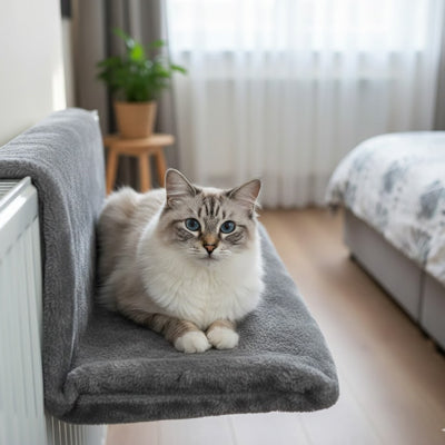 hamac pour chat de couleur gris accrocher à un radiateur avec un beau chat à poil long coucher dessus