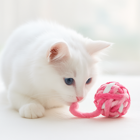 jouet pour chat rose avec chat blanc heureux