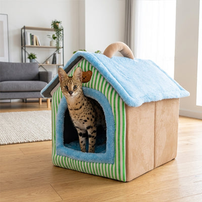 maison pour chat de couleur bleu et vert fait de peluche épais qui est dans une pièce chic