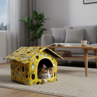 maison pour chat dans un salon chic bien décoré avec un chat qui est bien installer dedans et dort paisiblement