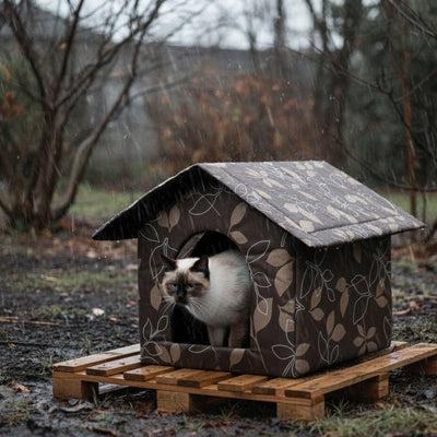 maison pour chat extérieur marron avec un motif de feuillage avec un chat blanc à l'abris de la pluie