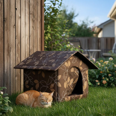 maison pour chat extérieur marron avec motif de feuillage dans la cours arrière 