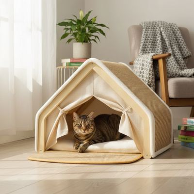 maison pour chat en forme de tente en bois et de couleur beige avec un chat bien installer