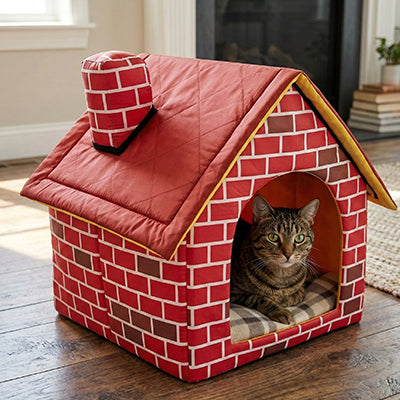 maison pour chat en motif de briques rouges avec un beau chat au yeux vert coucher dedans