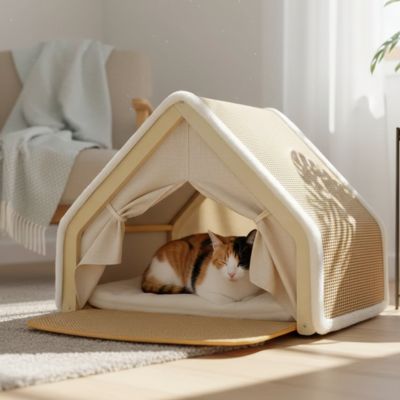 maison pour chat avec un beau chat trois couleurs coucher dedans et en toute sécurité