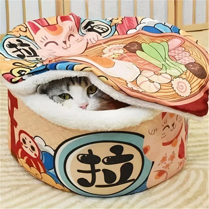 maison pour chat de style japonais en peluche épais et de forme ronde 