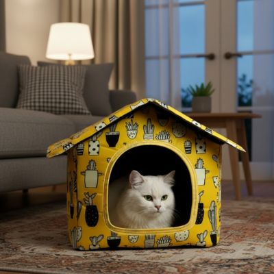 maison pour chat de couleur jaune avec des motifs de cactus noir et blanc avec un beau chat blanc qui est coucher dedans