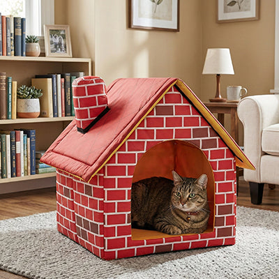 maison pour chat avec un motif de briques rouges avec un chat près pour la sieste et bien installer