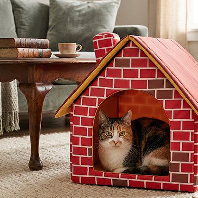 maison pour chat avec un motif de briques rouges et un chat bien installer pour sa sieste du jour