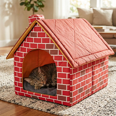 maison pour chat avec un motif de briques rouges et un chat qui dort paisiblement dedans