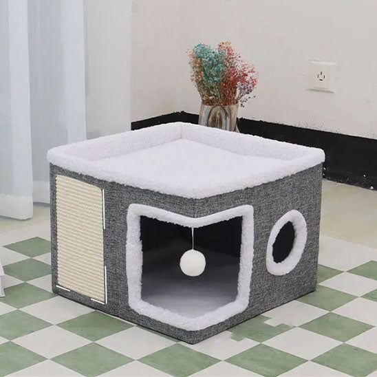 maison pour chat de couleur gris et blanc carré et grande pour accommoder deux chats