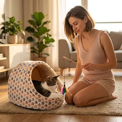 Niche pour chat avec des motifs d'étoiles avec un chat coucher dedans et une femme heureuse de voir son chat confortable