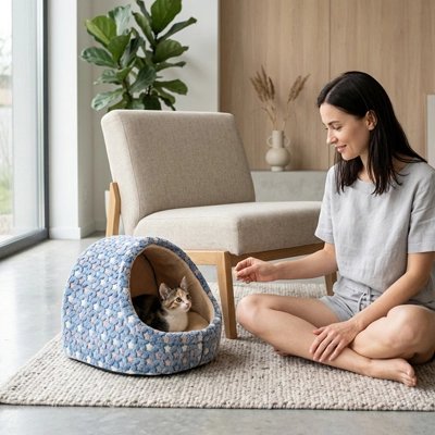 Niche pour chat bleu avec des motifs d'étoles et un chat coucher dedans confortablement et une femme heureuse de voir son chat qui est bien