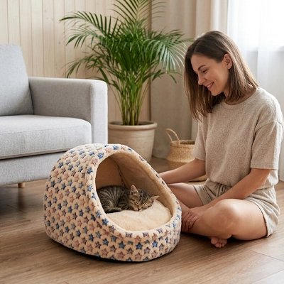 Niche pour chat de couleur beige avec des motifs d'étoiles et un chat coucher dedans avec une femme à côté qui lui sourit