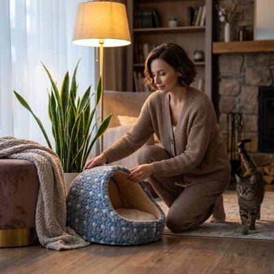 Niche pour chat de couleur bleu avec des motifs d'étoiles avec un chat qui s'approche pour aller voir et une femme à côté de lui heureuse