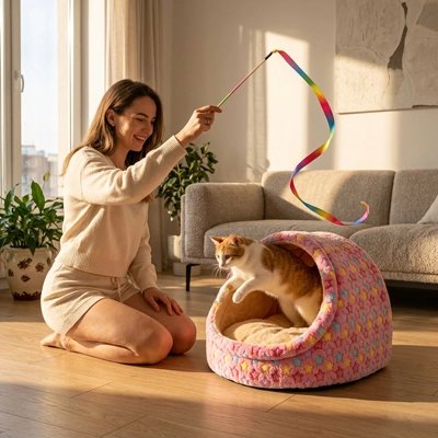 Niche pour chat de couleur rose avec motif d'étoiles et un chat dedans et une femme qui joue avec