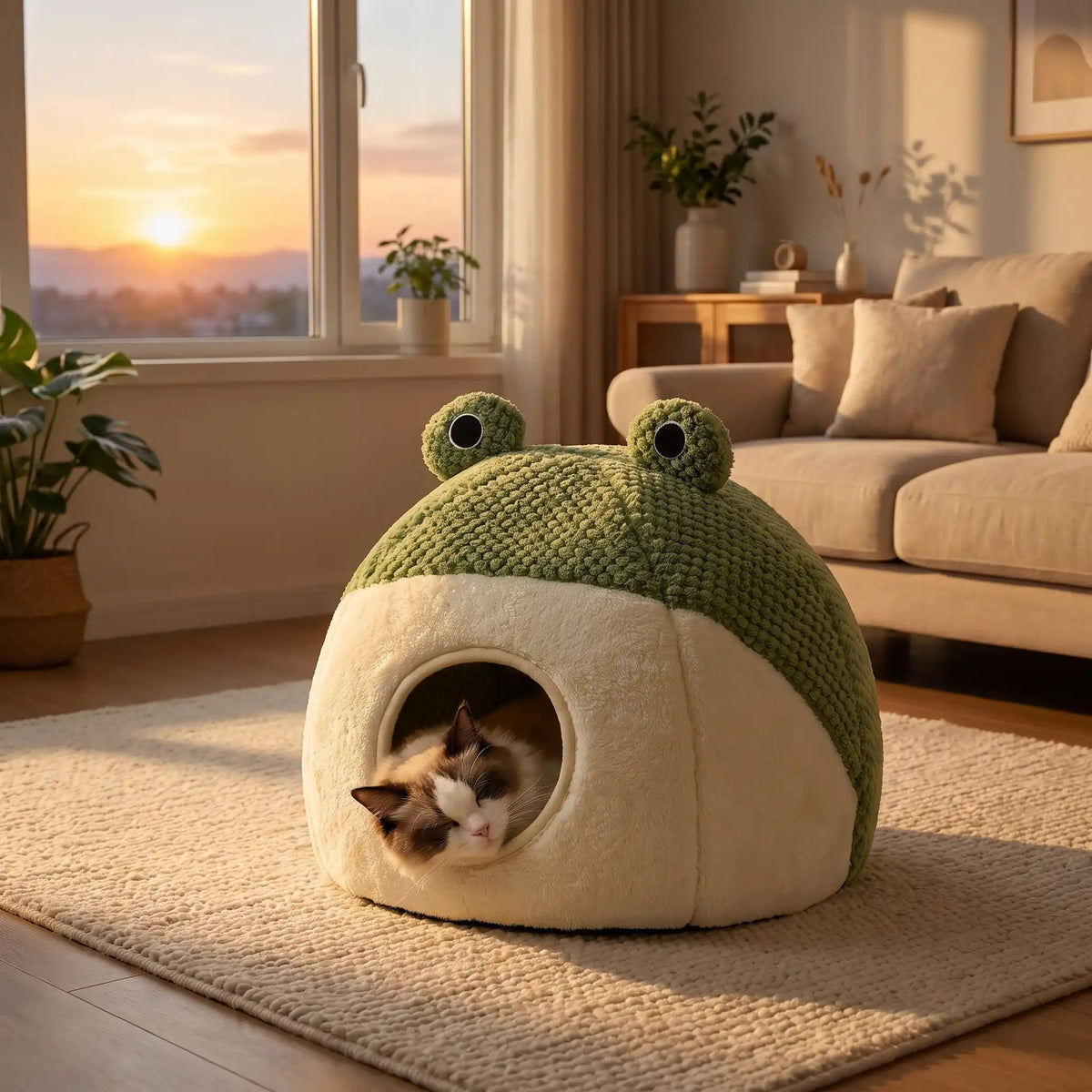 niche pour chat en forme de grenouille dans un salon moderne avec un beau coucher de soleil et un chat qui dort paisiblement dans sa niche
