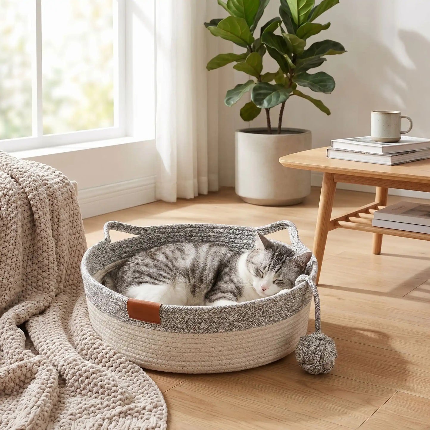 panier en rotin pour chat avec un chat gris et blanc qui dort confortablement