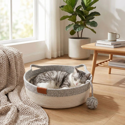 panier en rotin pour chat rond blanc et gris