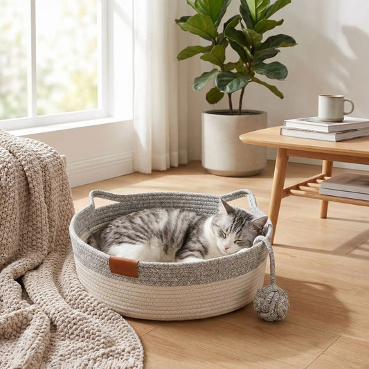 panier en rotin pour chat rond blanc et gris