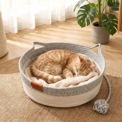 panier en rotin pour chat avec un chat qui dort en boule