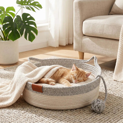 panier en rotin pour chat avec un chat qui dort sereinement