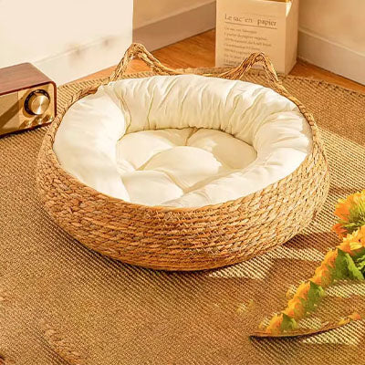 panier osier chat rond beige
