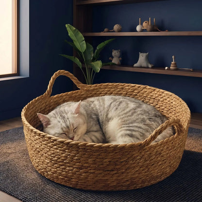Panier chat en osier beige
